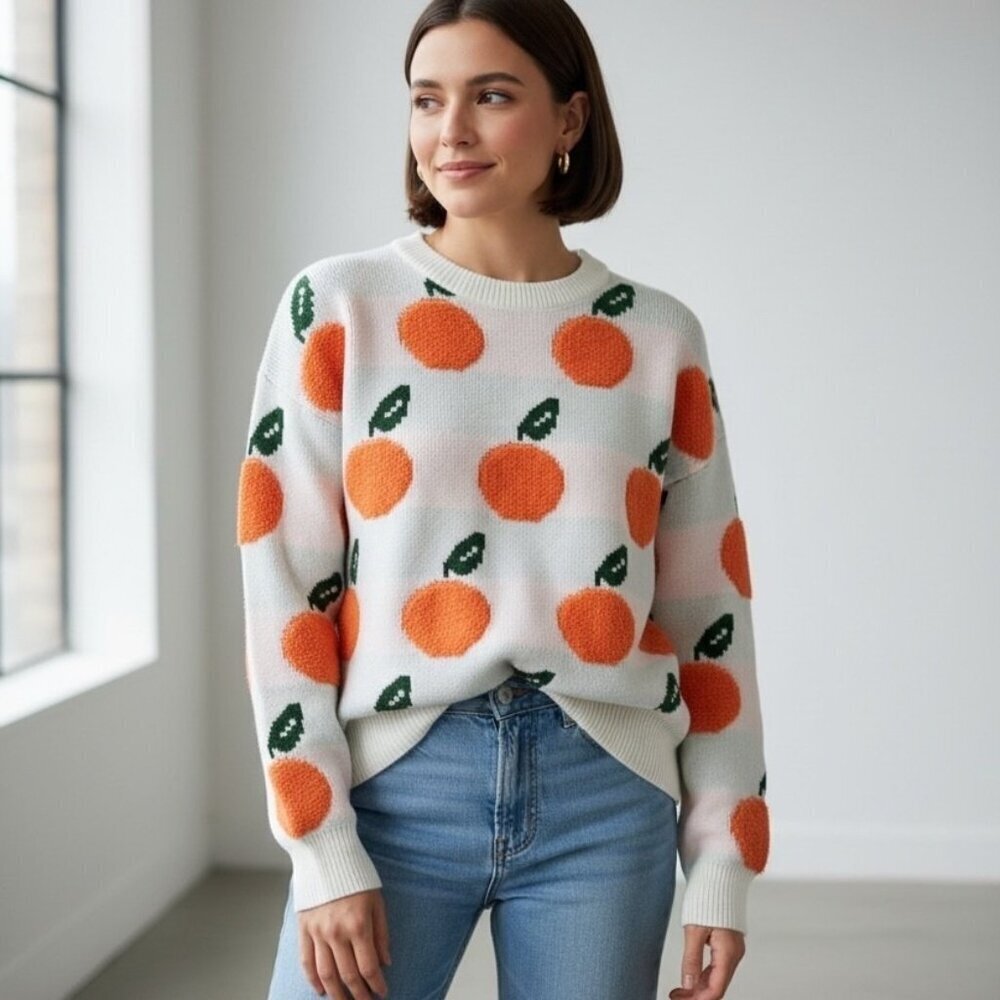 NWT Cider Whitey Orange Print Knit Sweater Novelty Fruit Cozy Pullover Size M